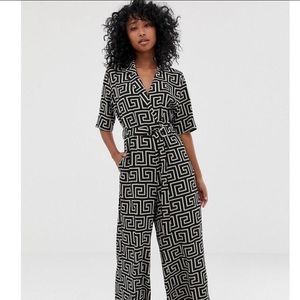 Weekday belted wide leg jumpsuit in Greek print